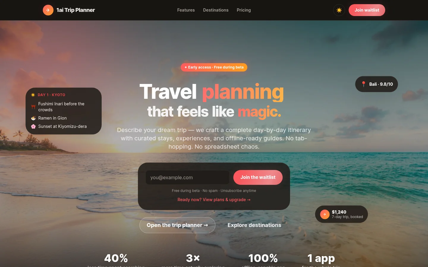 1ai Trip Planner dashboard